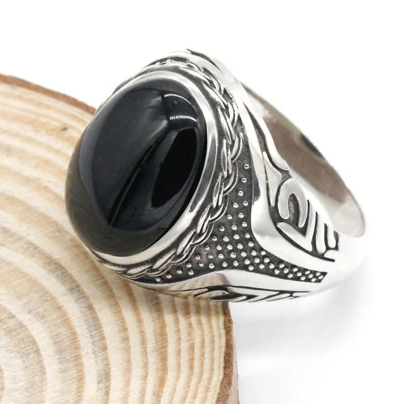 Arabic S925 Sterling Silver Men Ring with Black Agate Stone for Man Rings Jewelry