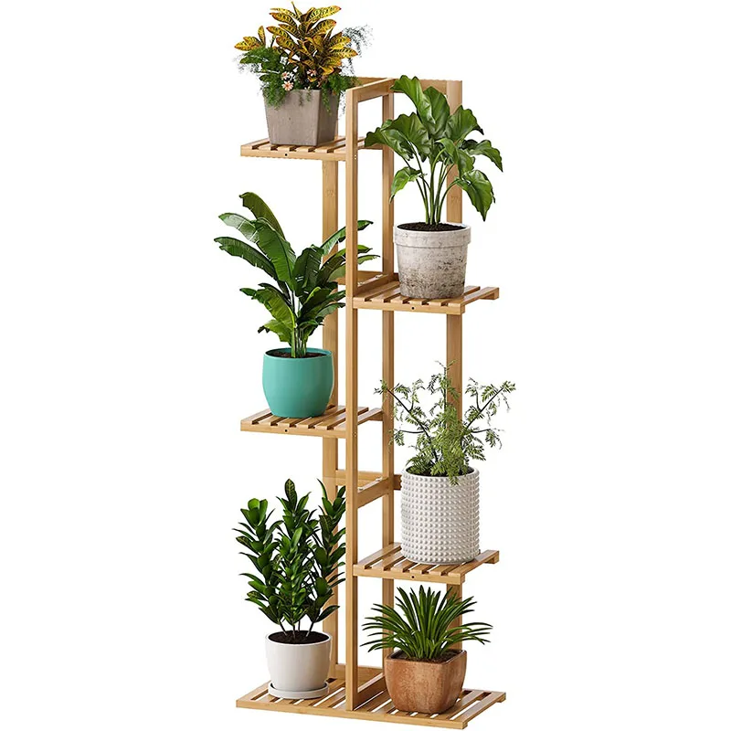 Hot Sales 5 Tier 6 Potted Tall Flower Stand Outdoor Bamboo Wooden Large Plant Stand Shelf