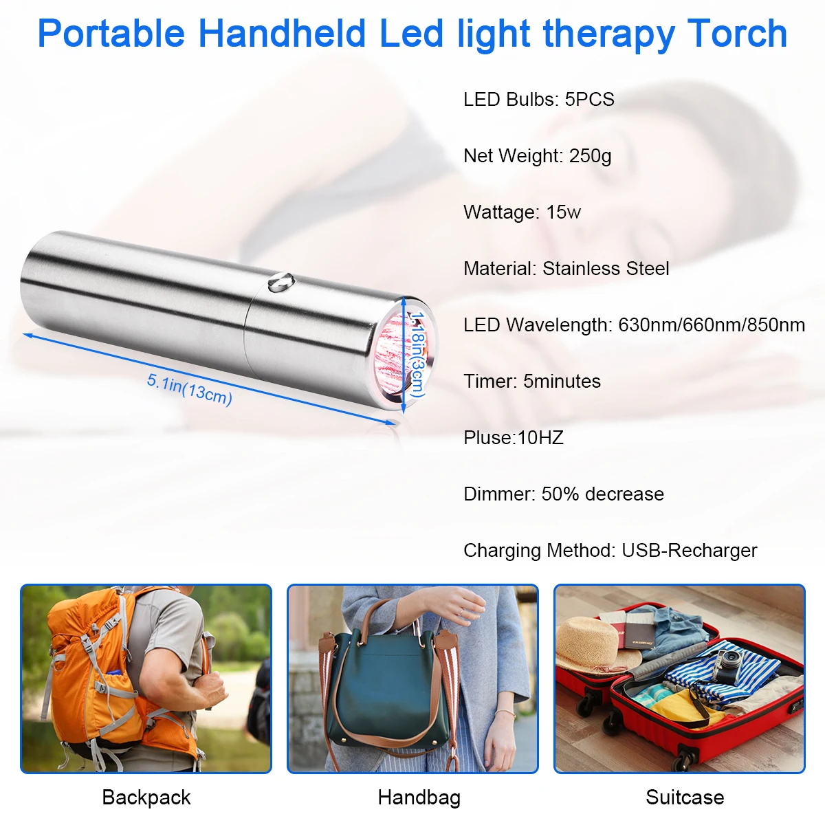 Sunsred 2022 new light therapy torch 5 led 15w 630nm 660nm 850nm portable red light therapy torch with stand