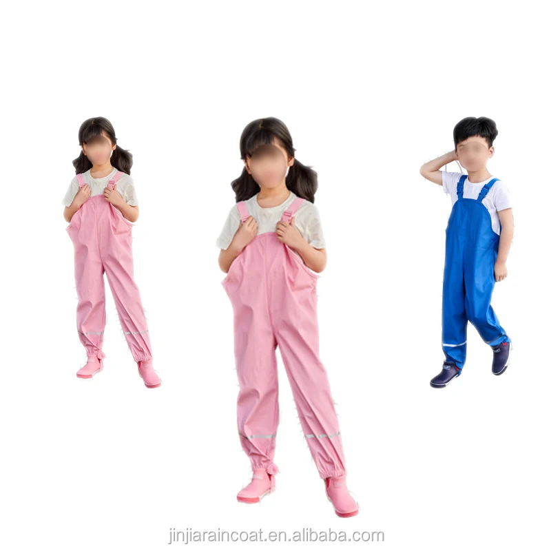 Fashionable PU toddler jumpsuits boys girls pants reflective waterproof bib pants outdoor raincoat