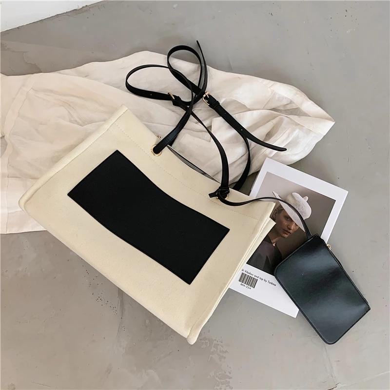 
STABILE new arrive women tote canvas bag high quality tote bag leather handle with PU change pocket 