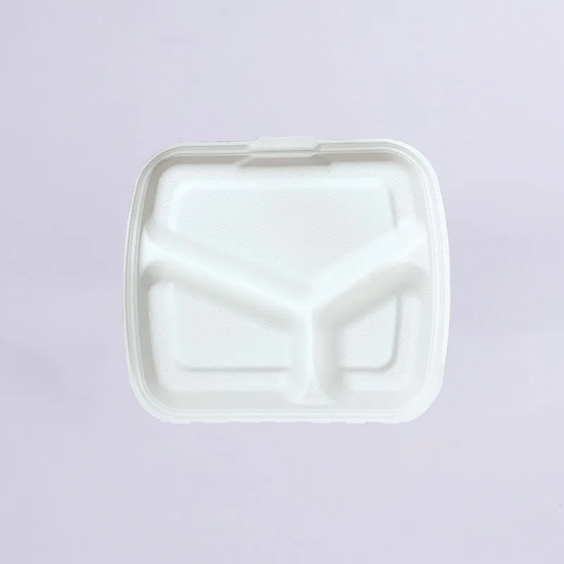 disposable bagasse food container 9' 3-Compartment Clamshell