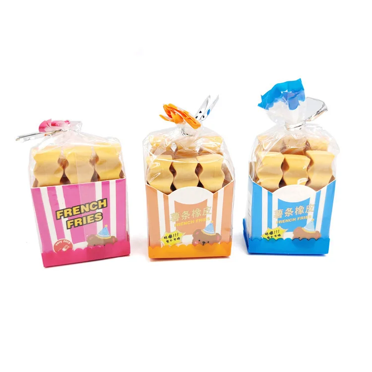 Hot wholesale fancy school students kids stationery pack borrador set french fries shape eraser manufacturer Eraser Cute Kawaii