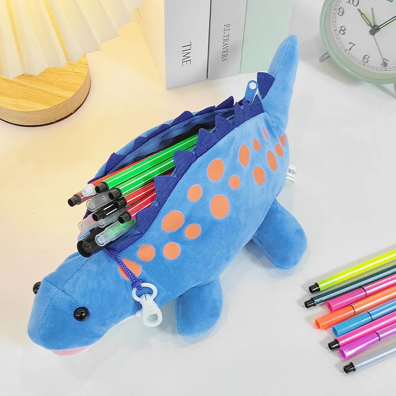 Creative Dinosaur Shaped Plush Pencil Case School Students Durable Cartoon Stationery Cases Larger Capacity Pencil Bag