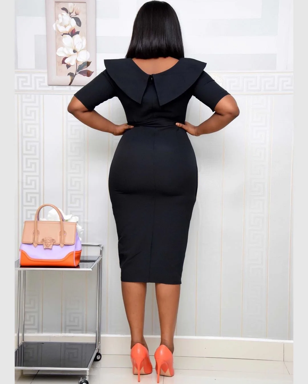 2022 Women Modest Solid Peplum Slit Color Lace Up Bow Elegant Office Work Dress African Women Career Business Dress