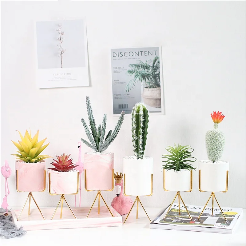 
Nordic Style Creative Home Marble Ceramic Flower Pot With Iron Stand 