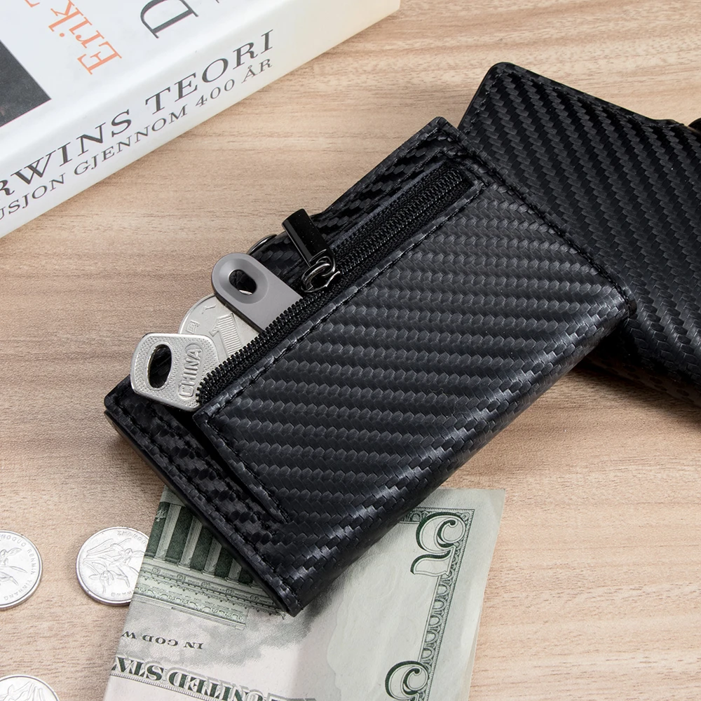 Casekey Custom Slim Carbon Fiber Wallet Middle Button Cartera Metal Credit Card Holder RFID Blocking Wallet with Zipper pocket