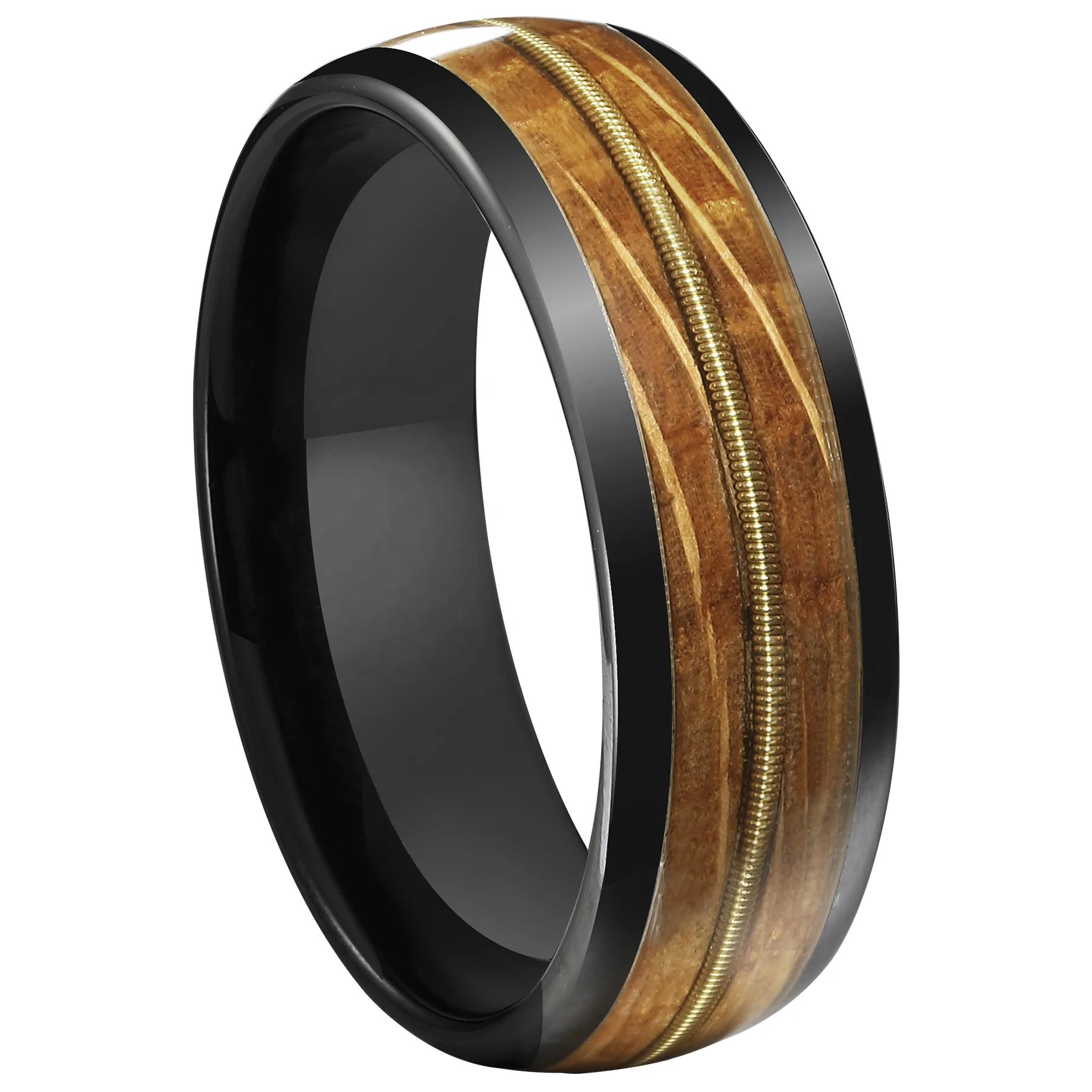 Black Ceramic Guitar String Ring Wood inlay Ring For Men In Stock Wedding Band Barrel wood rings