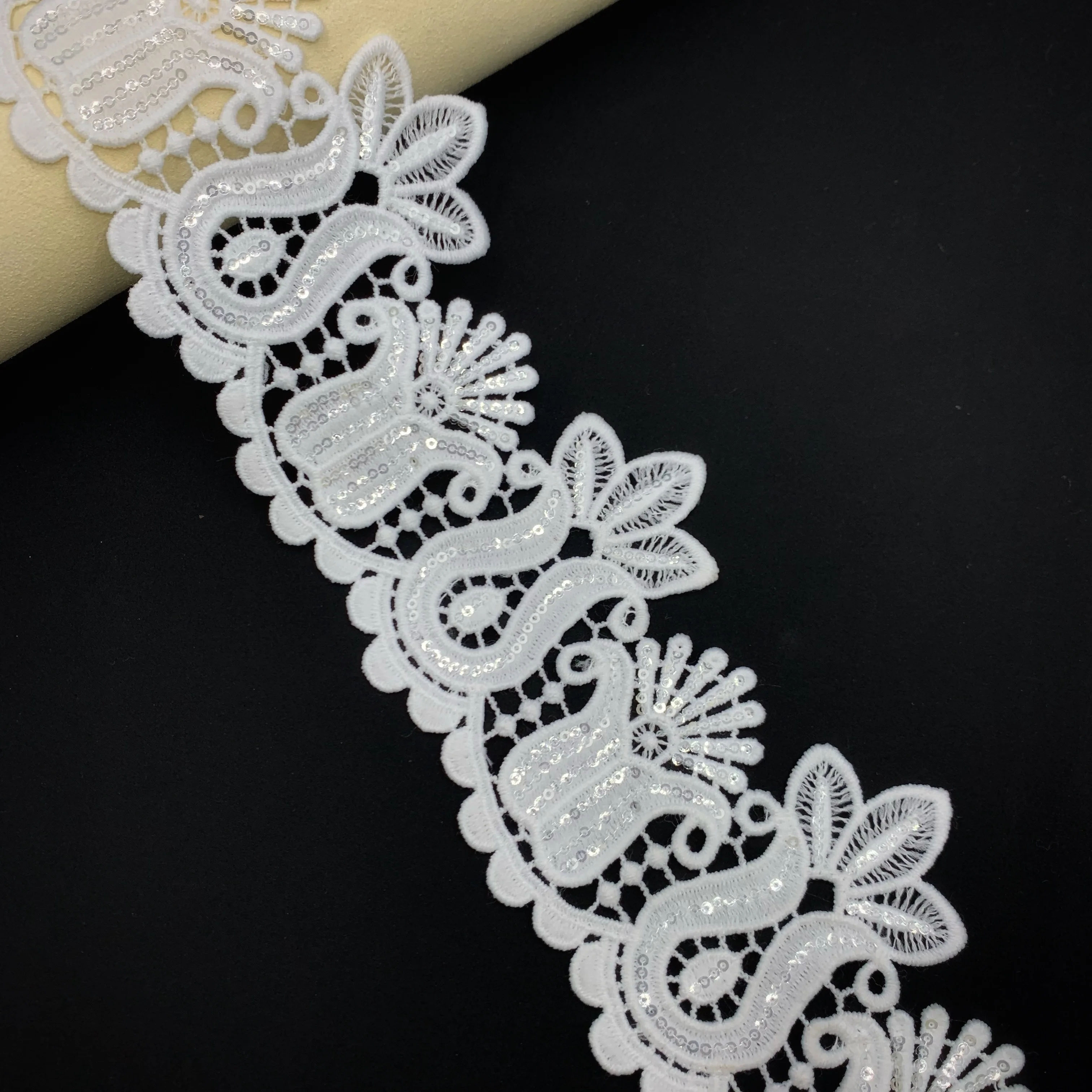Белый Блестящий Dentelle tisse высокого качества новый дизайн вышивка блестками украшение кружева для одежды женщин