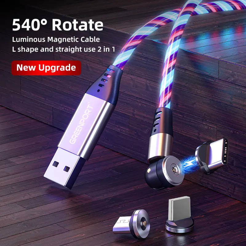 Luminous magnetic fast charging usb cable 540 degree led flowing 2.4A mobile phone fast charging 3 in 1 micro USB C cable 1M 2M