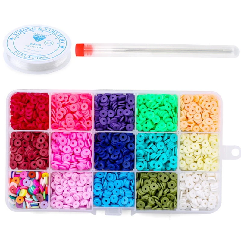 Amazon Hot 15 Grids DIY Beads Kit Pendant 6MM Flat Round Polymer Clay Beads Heishi Beads For Jewelry Making Bracelets Necklace