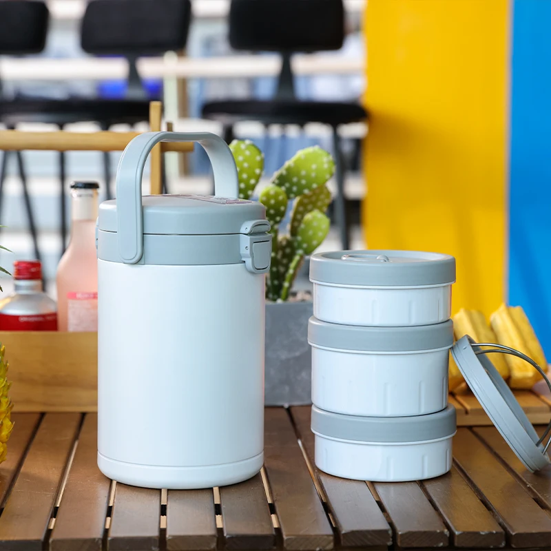 2.1L Insulated Leakproof Three Jars Set Stainless Steel Food Containers Thermos Lunch Bento Box With Strap School Outdoor