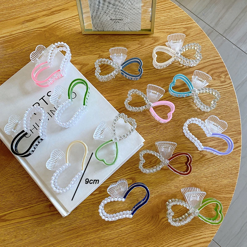 HONEY FLOWER Korean Style Rhine-diamond Pearl Love-heart Bowknot Shape 9cm Size Transparent Half Candy Color Hair Claw Clip