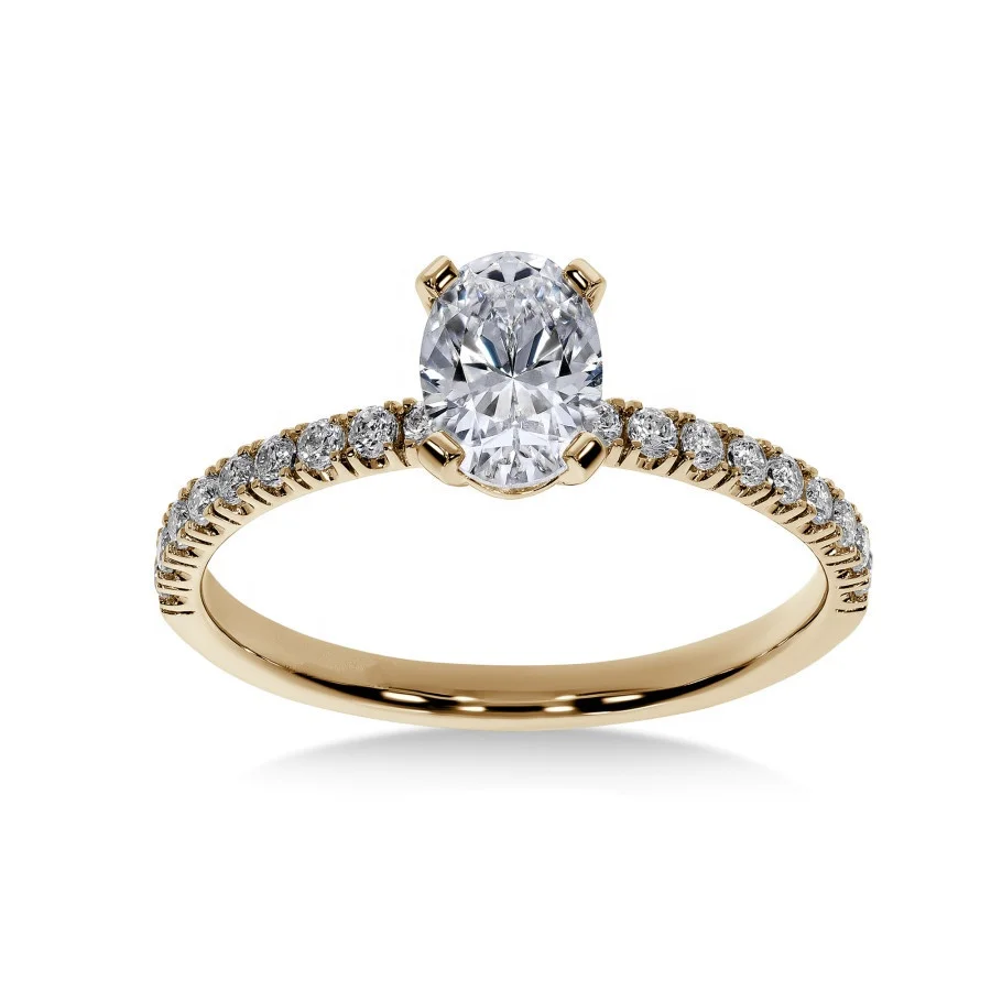 Firstmadam Solid 18K Gold Engagement Ring Set a 0.7 ct Center oval Lab Diamonds with Four Claws