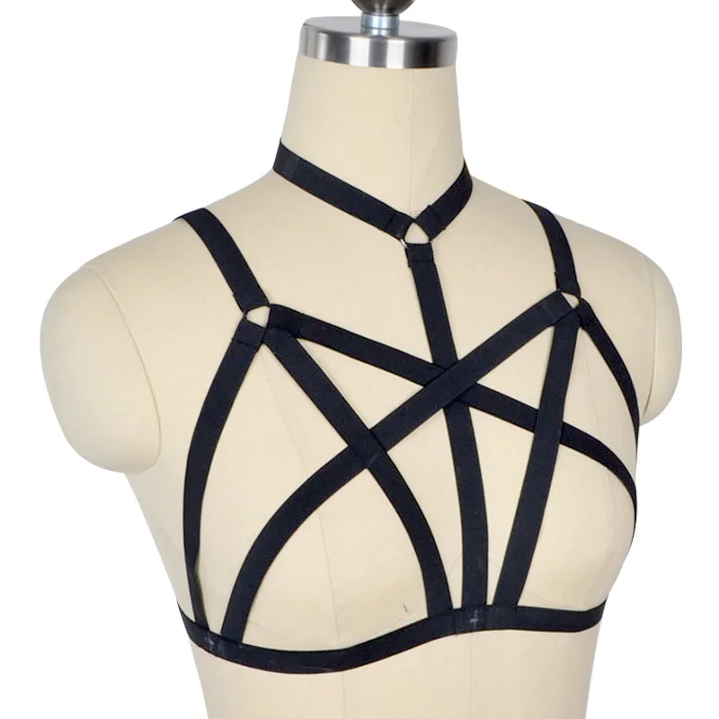 2023 Womens Black Cupless sexy harness bra Halter Strappy Body Caged Bra freesize garter