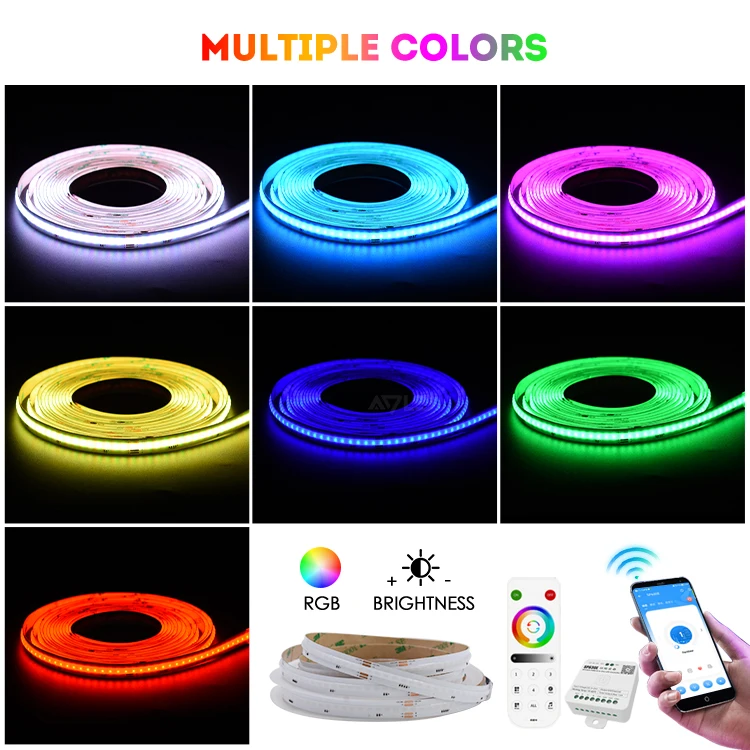 12V 24V Dimmable RGB COB LED Strip Light 16.4FT 9W/M Flexible & Cuttable Lighting for Bedroom Kitchen DIY Home Decoration