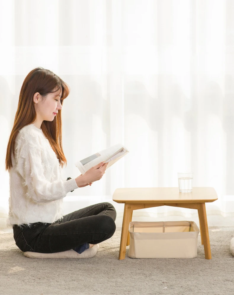 Simple Japanese Style Original Bamboo Material Household Living Room Bay Window Coffe table with Cloth Basket and Cushion