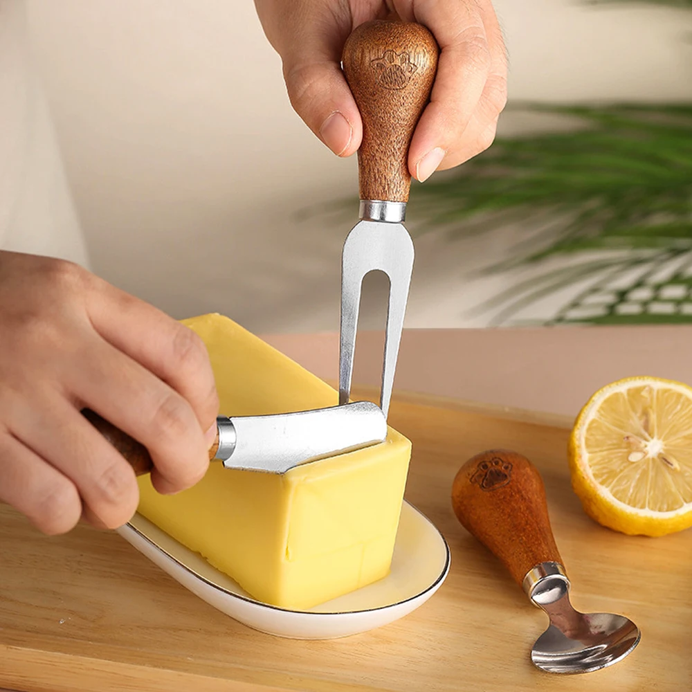 4 pcs custom logo stainless steel acacia cheese knife spreader set with wooden handle