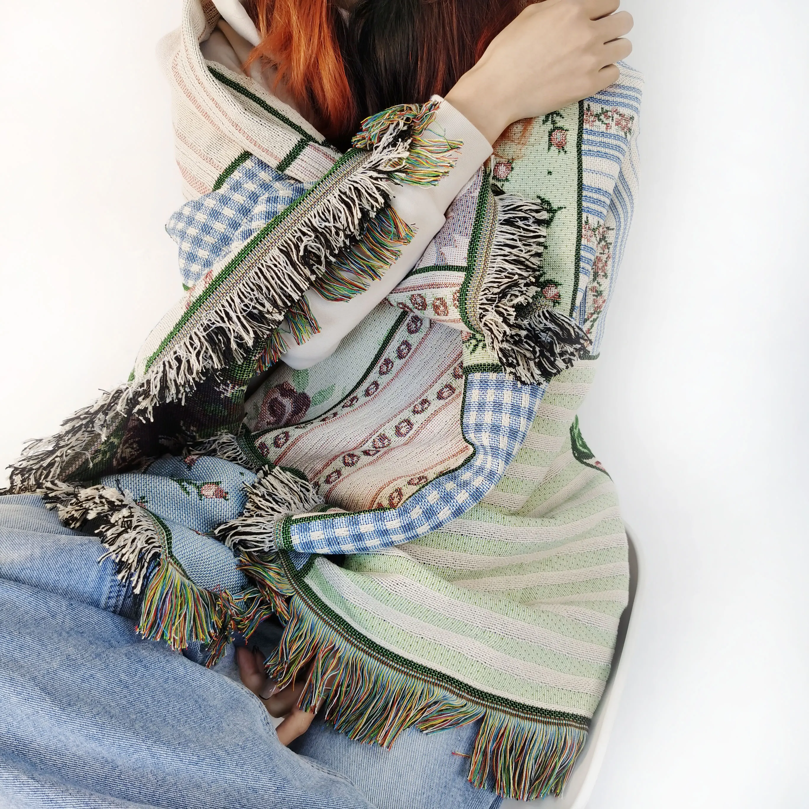 Rawhouse original design custom jacquard woven rugs with tassels tapestry throw blanket