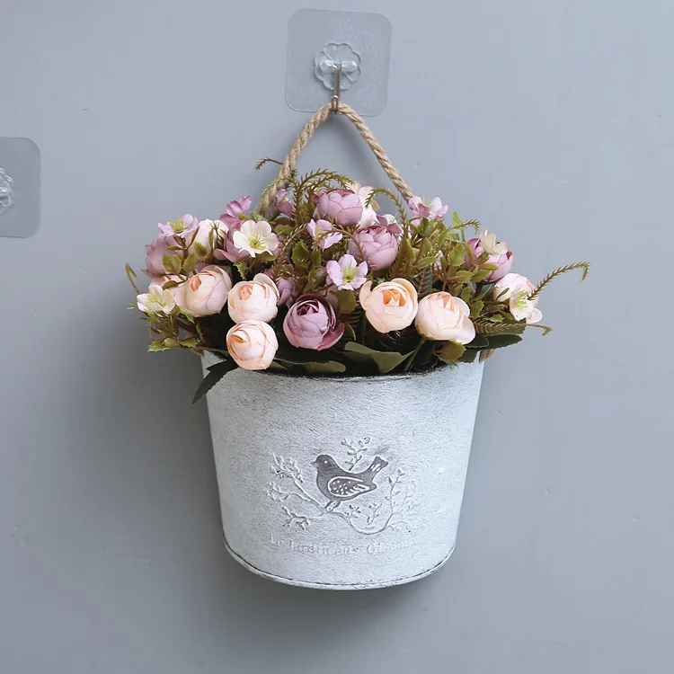 Home wall decor iron art metal flower bucket metal wall hanging planter flower pot bucket