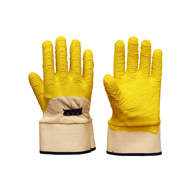 New Products Yellow Cotton Jersey Latex Crinkle 3/4 Coated Safety Cuff Heavy Duty Gloves