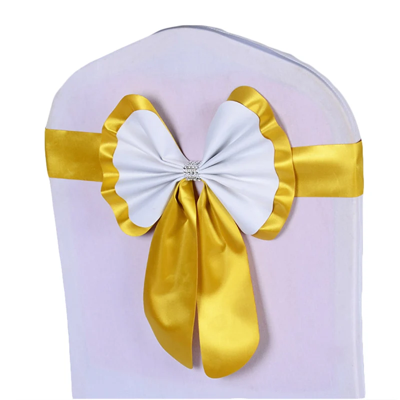 Оптовая продажа, дешевый предварительно привязанный ПВХ свадебный золотой стул с поясом