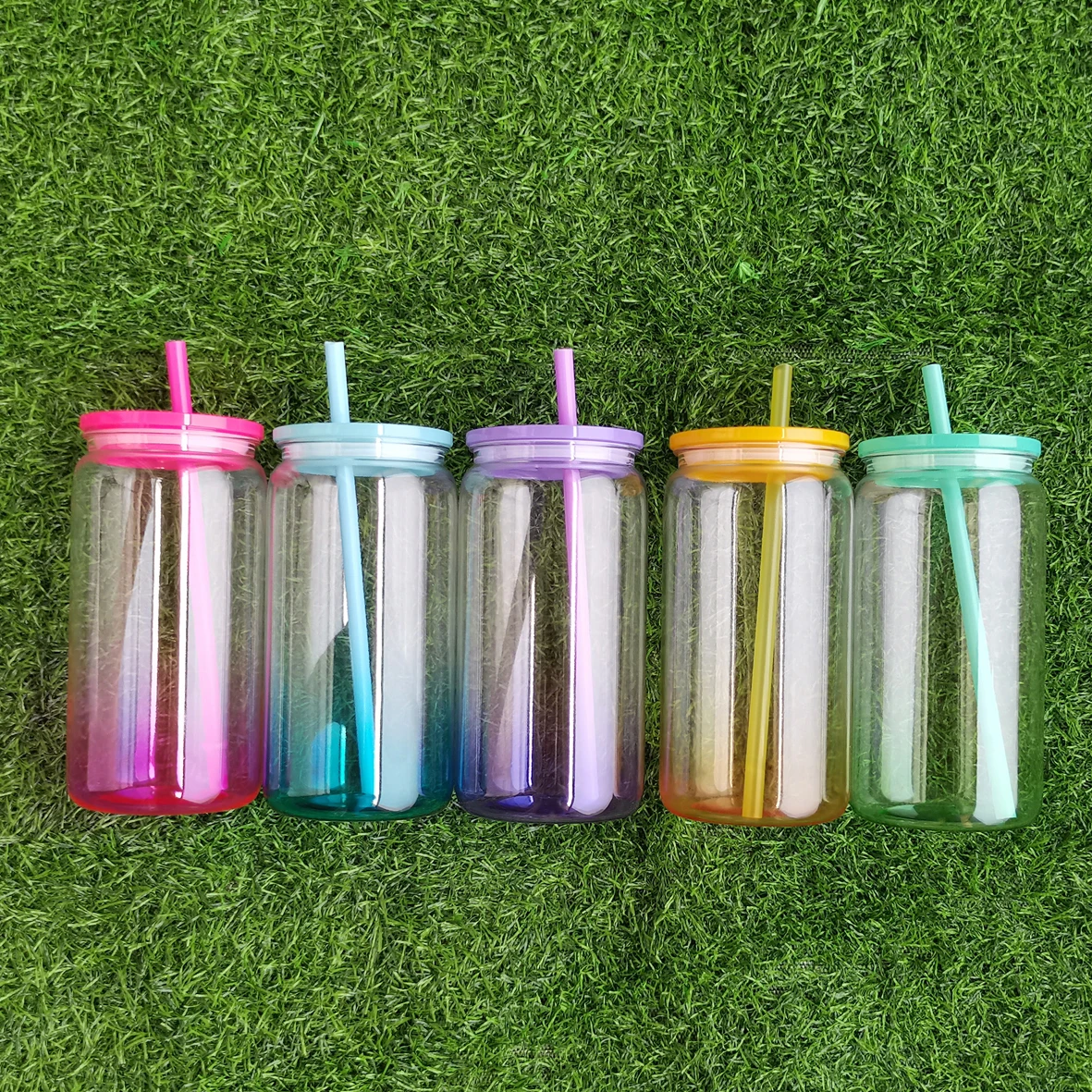 Us Warehouse 16oz Blank Ombre Jelly plastic Can With Pp Plastic Lid And Straw Clear Ombre Colored Cups with lid and straw
