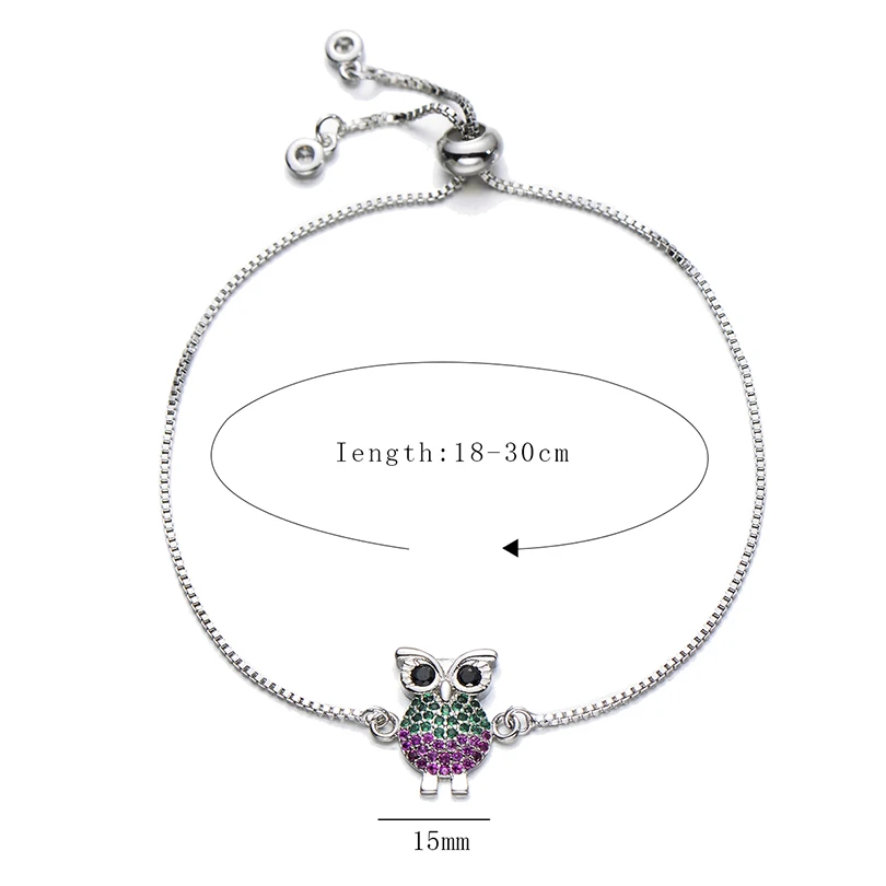 Jewelry Adjustable Chain Bracelet Luxury Copper Green and Fuchsia Cubic Zirconia Animal Charm Owl Bracelets for Women