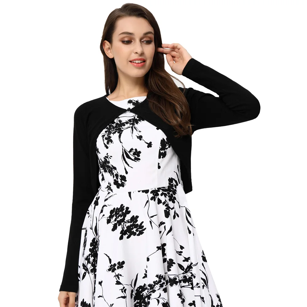 BP000709 женская обувь черного цвета с длинными рукавами жакет-болеро, короткий Длина платье с трикотажным верхом Топы Трикотаж