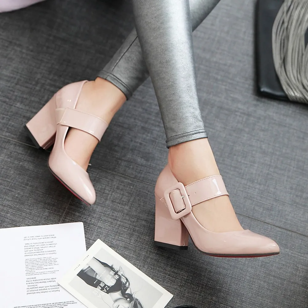 Women Red PU Patent Leather Block Heels Round Toe Metal Buckle Mary Jane Pumps
