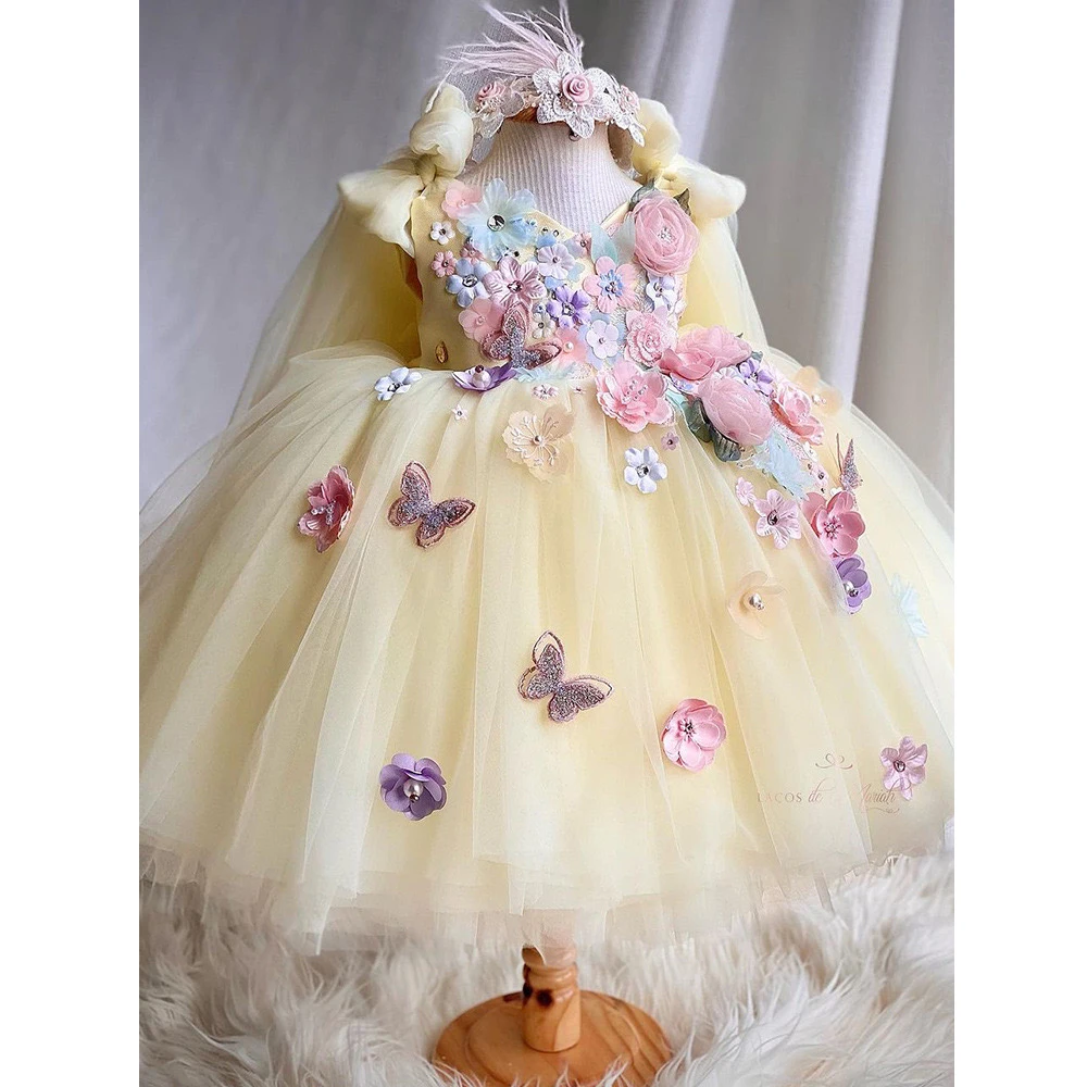 INS latest design children clothing girls 3D butterfly flower baby girls princess wedding dress ball gown for kids