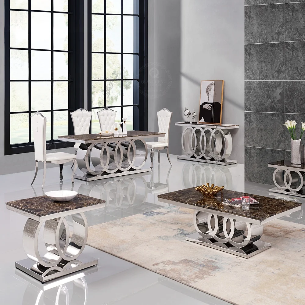 Wholesale foshan supplier furniture luxury modern big dianing table and 10 chairs set metal legs stainless steel dining table