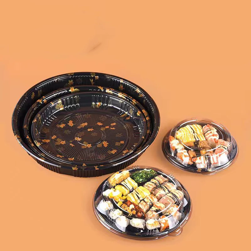 Black Plastic Container Sealed Buckle Food Packaging Round Tray sushi box