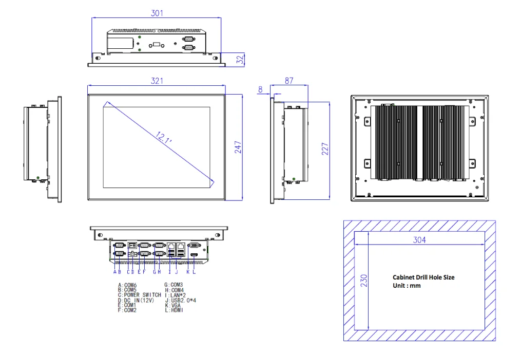 
12 inch capacitive touch screen embedded panel pc industrial 