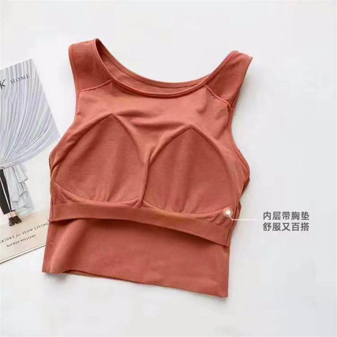 Soft Modal Wireless Sleeveless Seamless Fitnee Sport Bra Running Gym Tank Top Cotton Crop Top With Built in Bra
