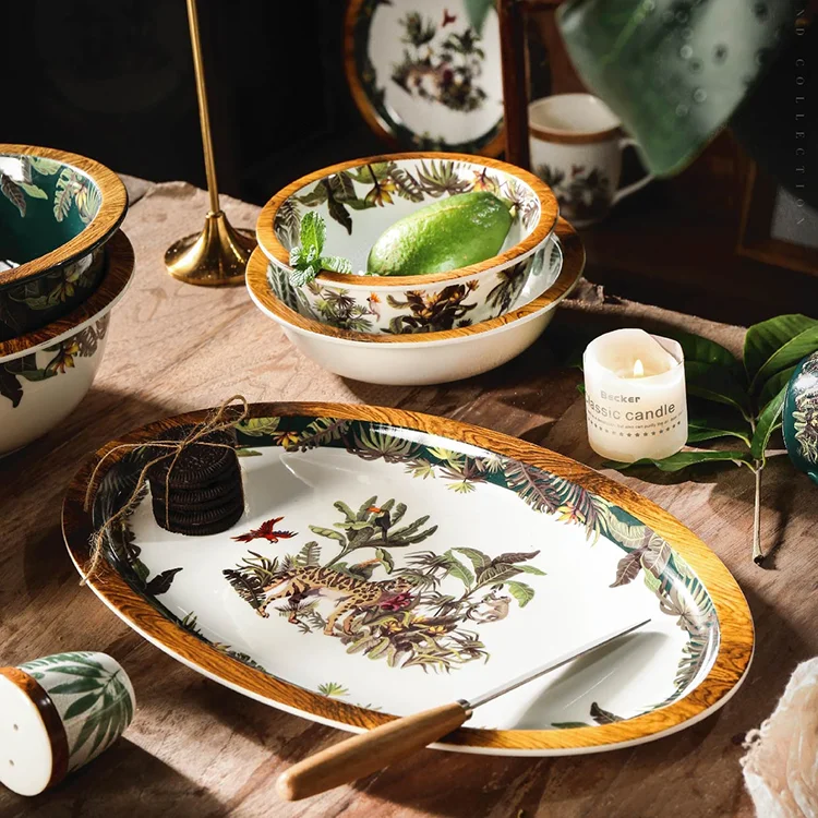 Wholesale exquisite luxury fine bone china dinner set ceramic green leaves luxury porcelain plates sets dinnerware for wedding