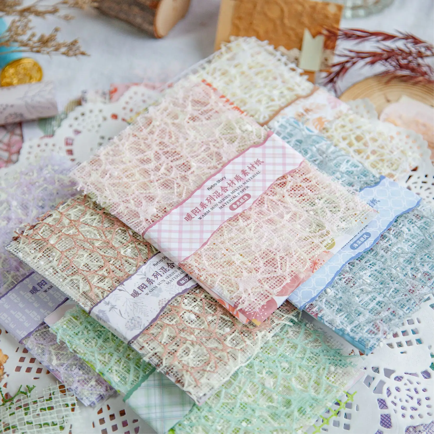 22Pcs Mixed hollow special material paper for Journals Scrapbooks Warm Sunshine Series Mixed Material coated Paper Jacquard Net