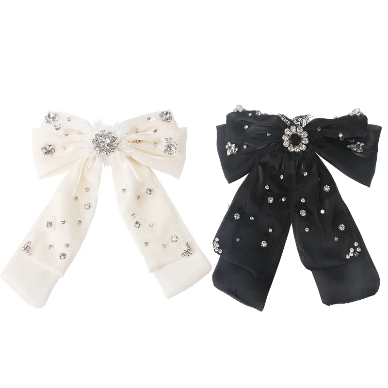 Hot Selling Black and White Bow Hair Clips Soft Organza Bow Hair Clips with Rhinestone Organza Women Hair Accessories
