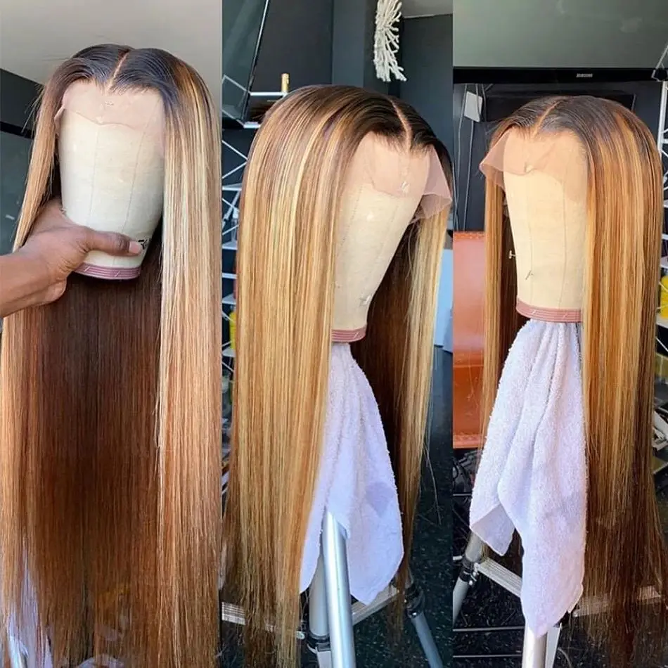 Highlight Wig Vendor Wholesale 1b Honey Blonde Ombre Hair Wig With Dark Roots Mink Peruvian Virgin Human Hair HD Lace Front Wig