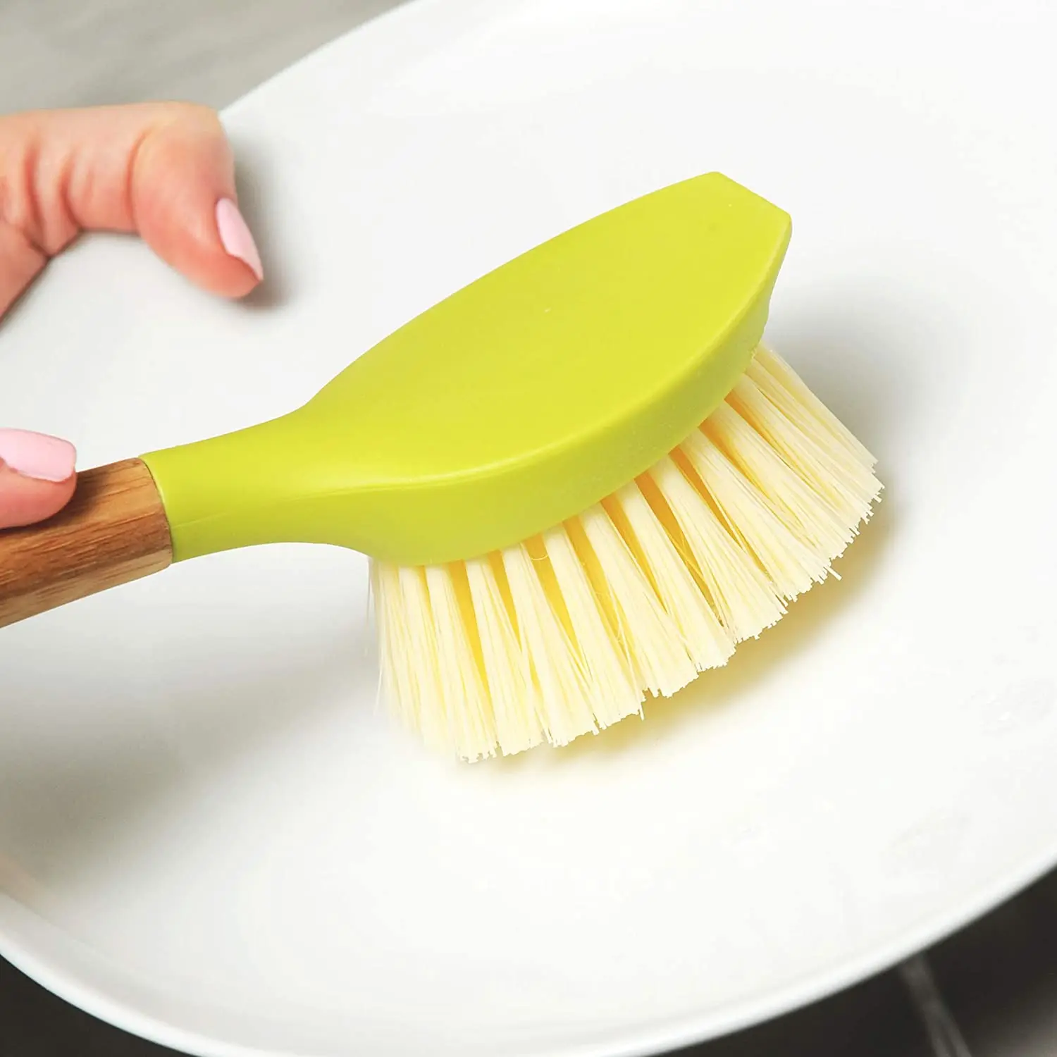 Long Handle Brush Dish Scrubber with Built-In Food Scraper Bamboo Dish Brush Pan Pot Dish Sink Brush