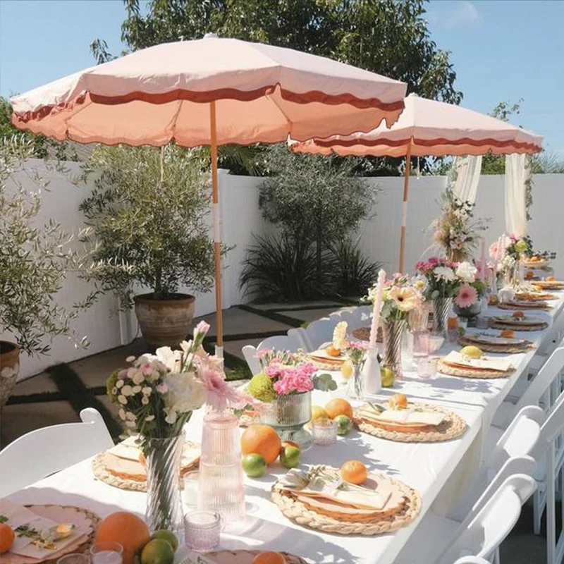 Custom 7.5ft Luxury Vintage Heavy Duty Wind Resistant Wood Pole Patio Parasol Outdoor Pool Side Beach Amalfi Umbrella with Trim