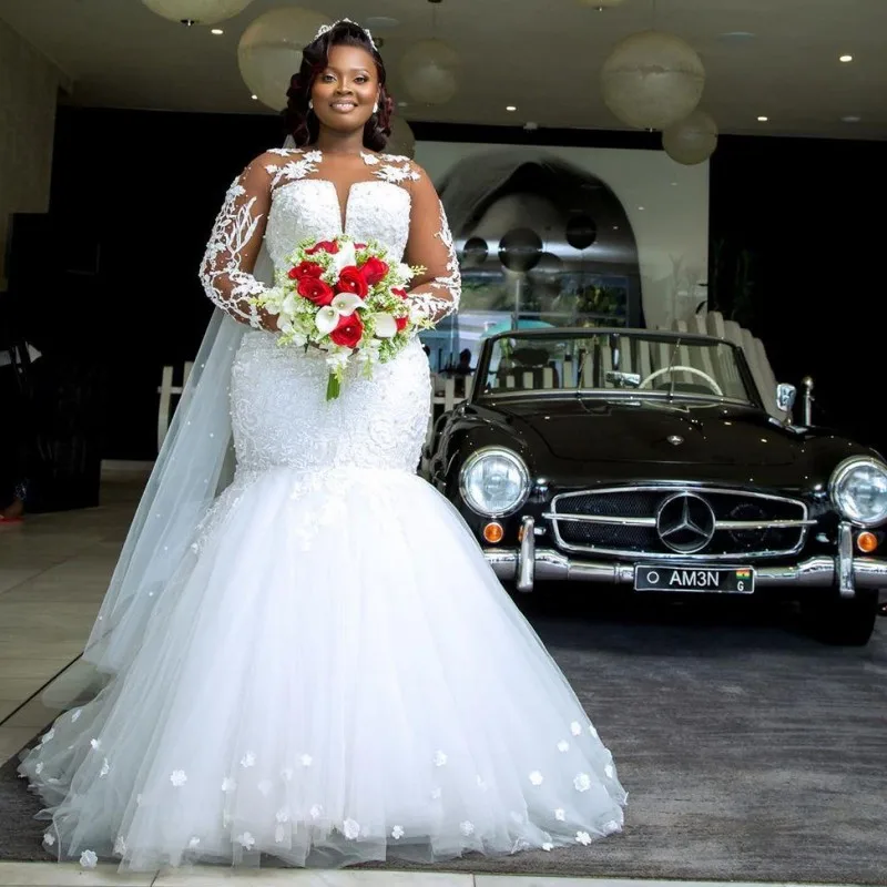 FA276 Design African Black Women Wedding Dresses Mermaid Long Sleeve 2022 New Bridal Dress 3D Flower Applique Bride Gown