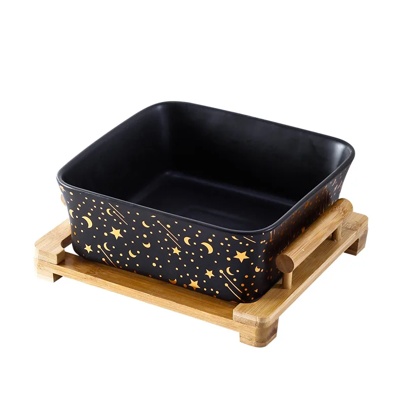 Nordic modern square stoneware fruit and vegetable salad wooden frame ceramic storage bowl