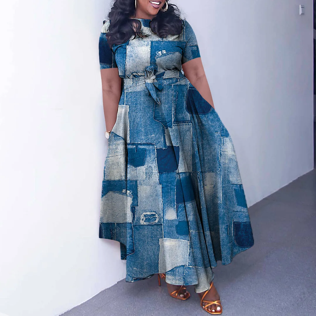 N7965 Latest Design Plus Size Dresses Women Casual Elegant Short Sleeve Lace Up Long Dresses Women Print Summer Dress For Women