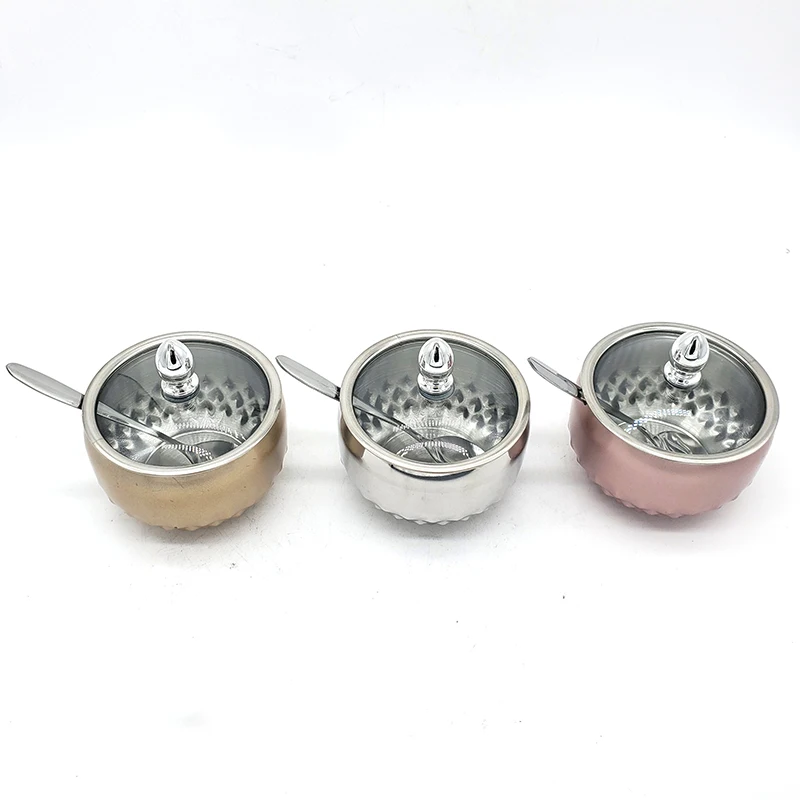 
Sugar Jar Glass Cover Three Flavor Flavoring Pot Coffee Companion Factory Direct Sale Stainless Steel Sugar Bowl Color Box Metal 