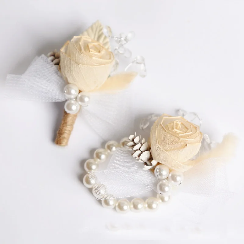 Handmade Champagne Wrist Corsage Boutonniere Set Artificial Rose Brooch Ribbon Flowers Groom Groomsmen Wedding Ceremony Party