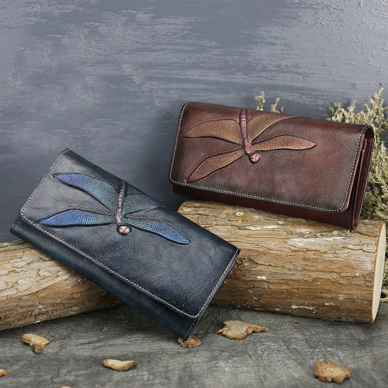 
2021 New Arrivals Manual Retro Long Woman Wallets Bifold Wallet Leather Genuine Cow Leather Female Purse Ethnic Style Clutch Bag 