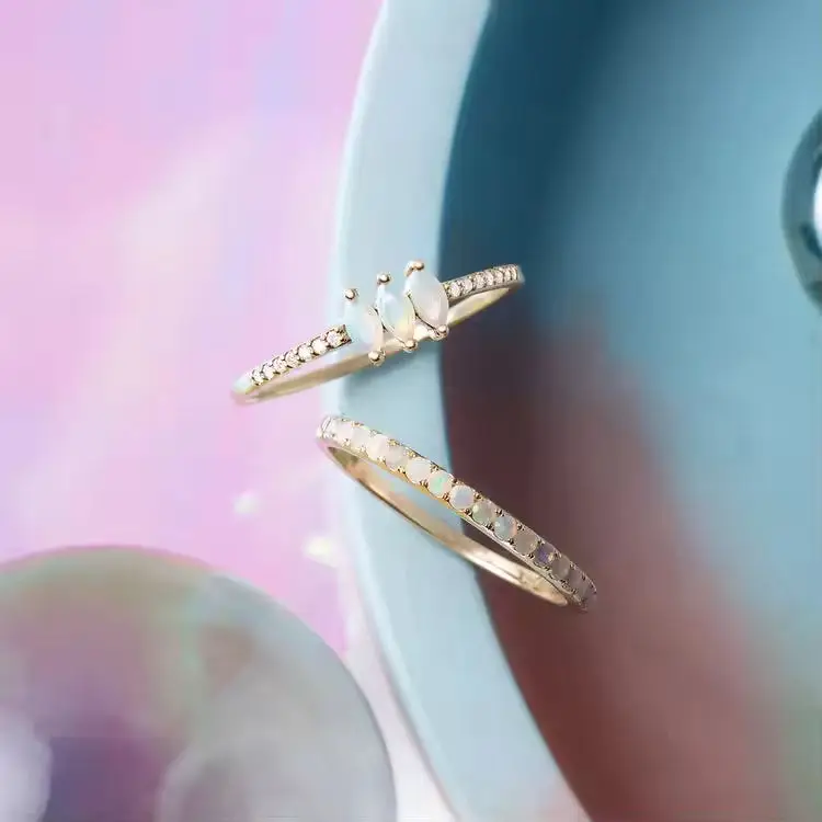 Bling 925 Sterling Silver Fashion Women Engagement Wedding Band Gold Plated Opal Stone Ring