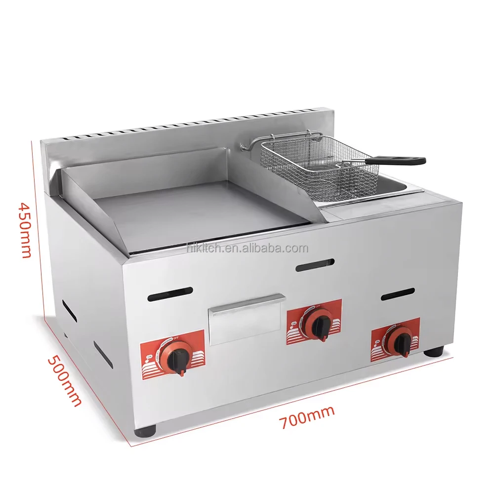 Commercial restaurant gas flat plate griddle with deep fryer single tank 6 potato chips frying combined cooker