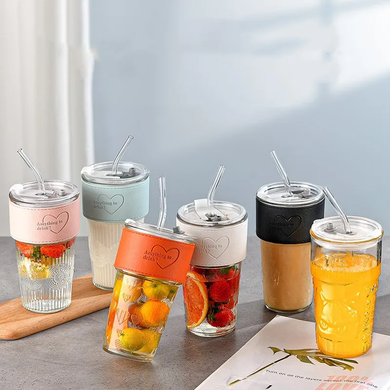 New Ins 600ml clear blank drinking tumbler tea coffee cup mug glass cup travel coffee glass mug cup with lid and straw/sleeve